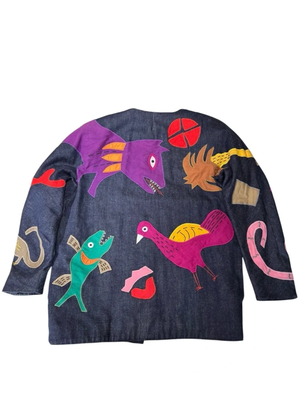 Vintage Girasol Mexican Whimsical Appliqué Denim Jacket Multicolor Animal Motifs